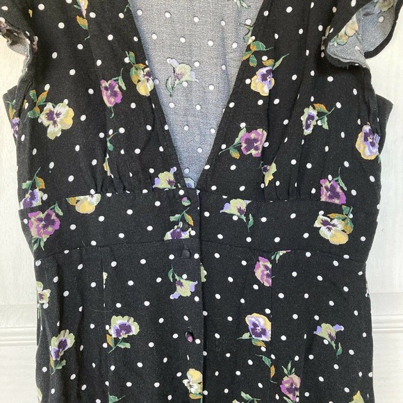 Forever 21 Contemporary Dress Sz M V Neck Black Polka Dots Floral Button Front - Picture 2 of 7